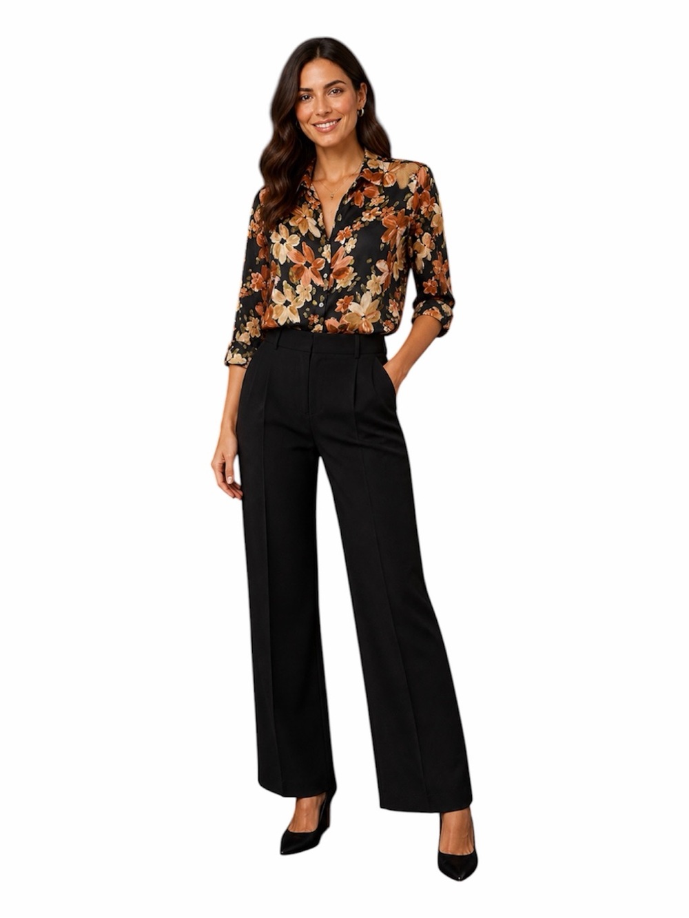 NWT Tamara H. Floral Button Front Blouse Size 1X Black Brown Orange Office